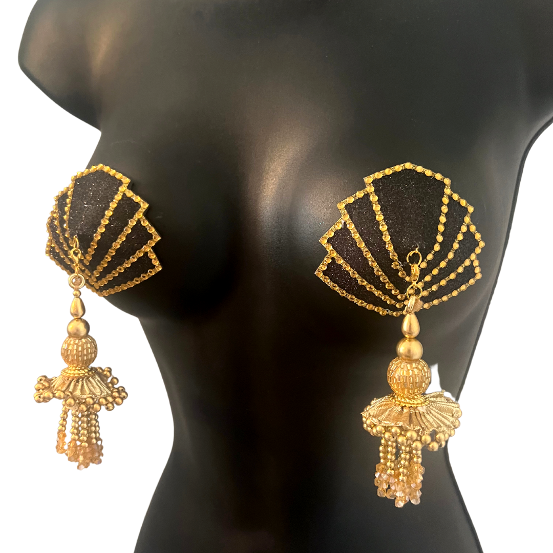 FANGIRL Black and Gold Nipple Cover, Pasties (2pcs) Pasties with Tassels