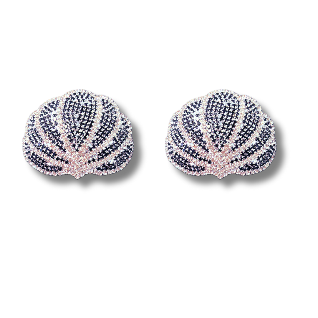 CLAMOROUS Rhinestone Black & Silver Shell Nipple Pasties (2 pcs)