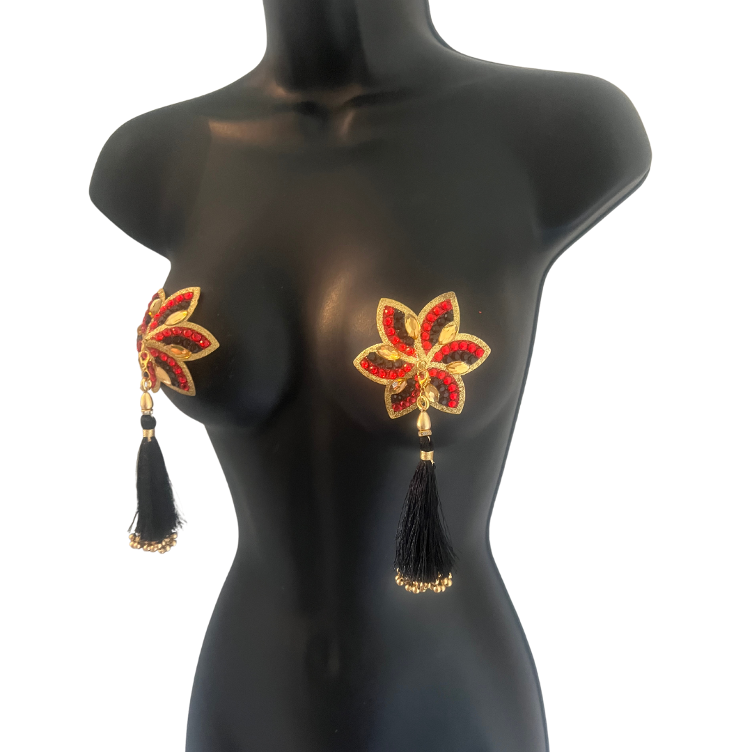 STELLA Red, Gold and Black Star Shape Nipple Pasties Covers (2pcs) with Removable Tassels