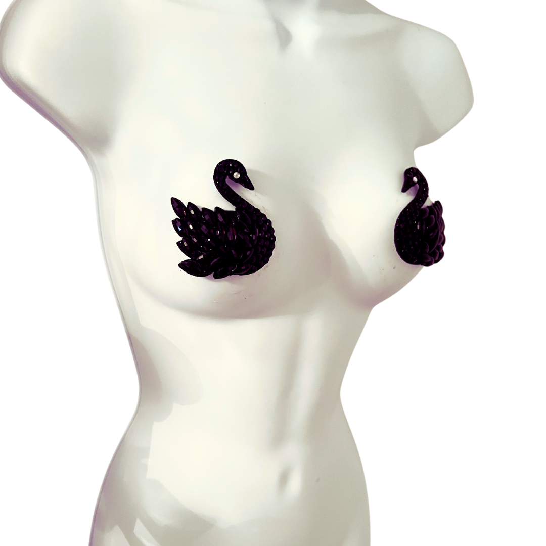 SWAN LAKE - Glitter and Gem Swan Nipple Pasties Covers (2pcs) White or Black for Burlesque, Rave Lingerie and Festivals