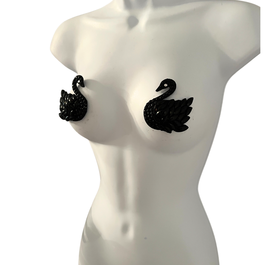 SWAN LAKE - Glitter and Gem Swan Nipple Pasties Covers (2pcs) White or Black for Burlesque, Rave Lingerie and Festivals