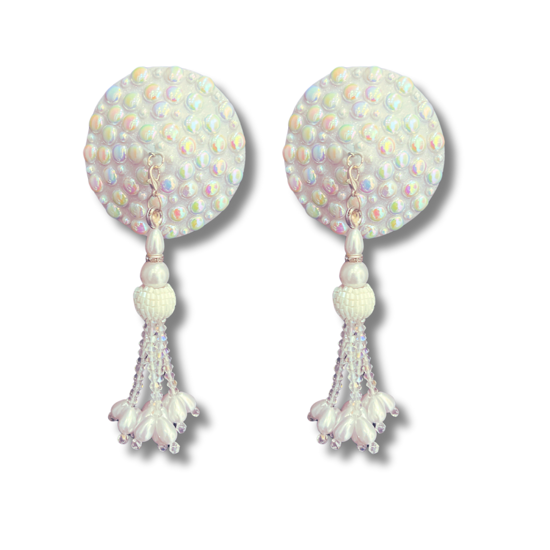 MERMAID'S KISS White Pearl Nipple Pasties, Covers (2 PCS) with Removable Crystal and Pearl Tassels