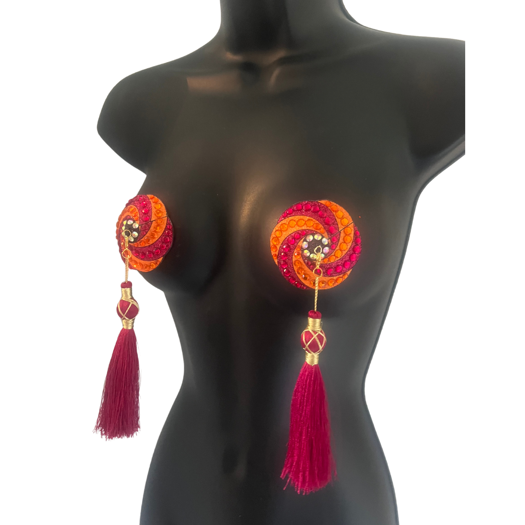 RASPBERRY SORBET Burgundy and Orange Swirl Nipple Pasties, Covers (2pcs) with Removable Tassels