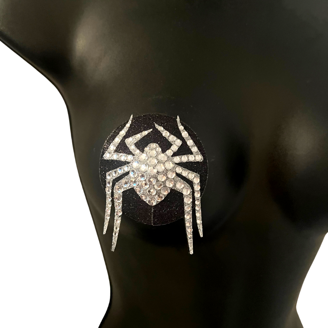 MISS MUFFET Black and Silver Spider Nipple Pasties, Covers (2pcs) for Burlesque Raves Lingerie Halloween (reusable)