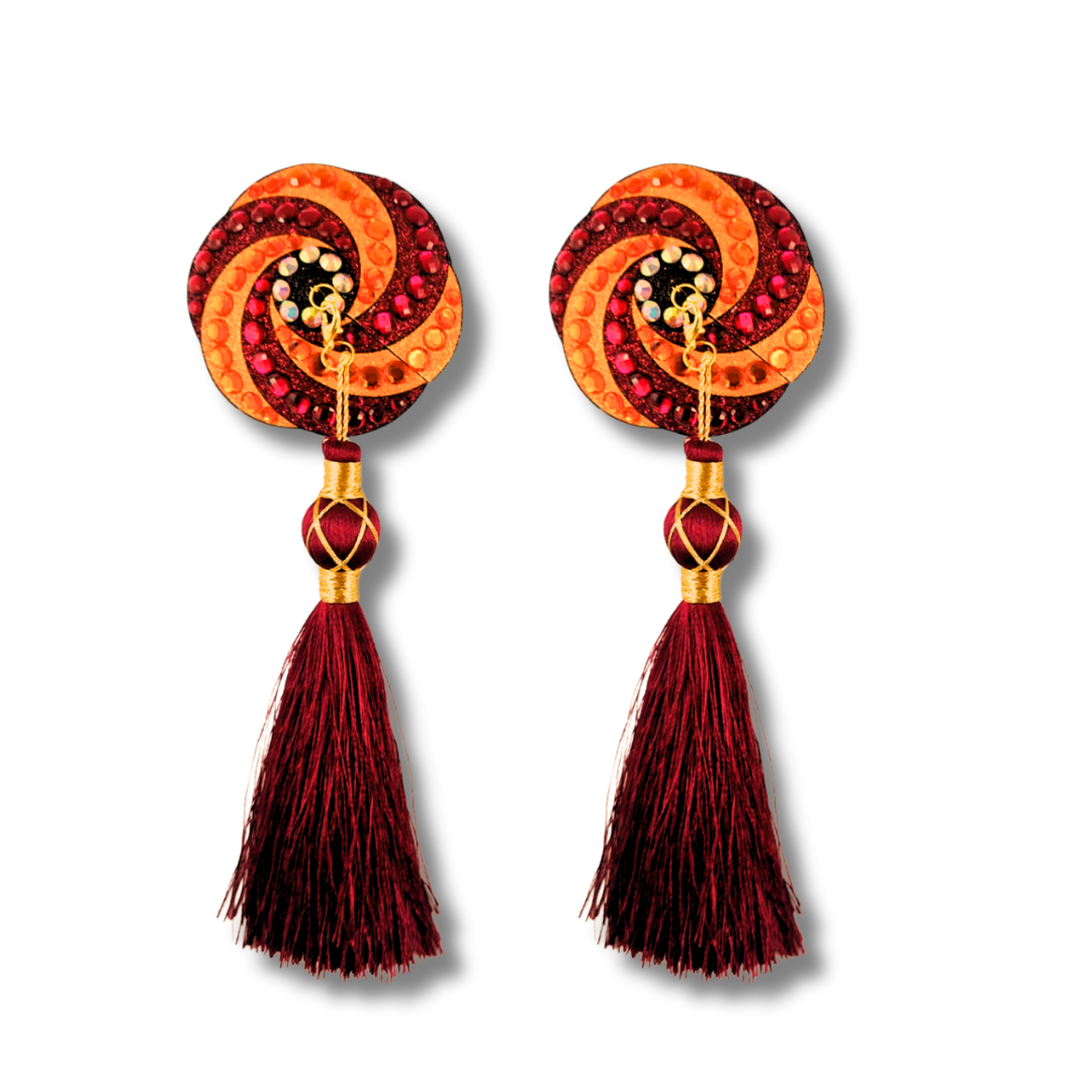 RASPBERRY SORBET Burgundy and Orange Swirl Nipple Pasties, Covers (2pcs) with Removable Tassels