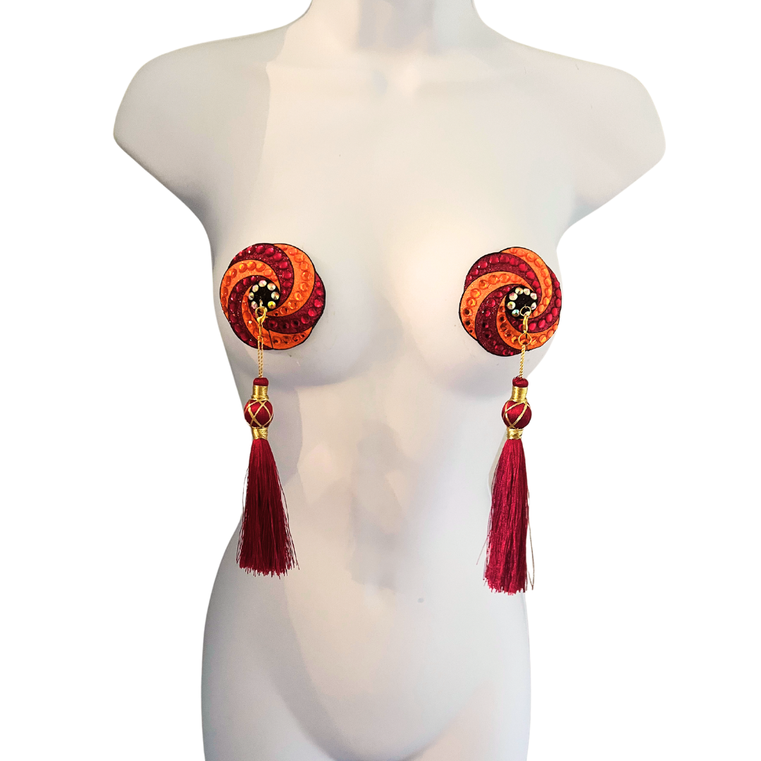 RASPBERRY SORBET Burgundy and Orange Swirl Nipple Pasties, Covers (2pcs) with Removable Tassels