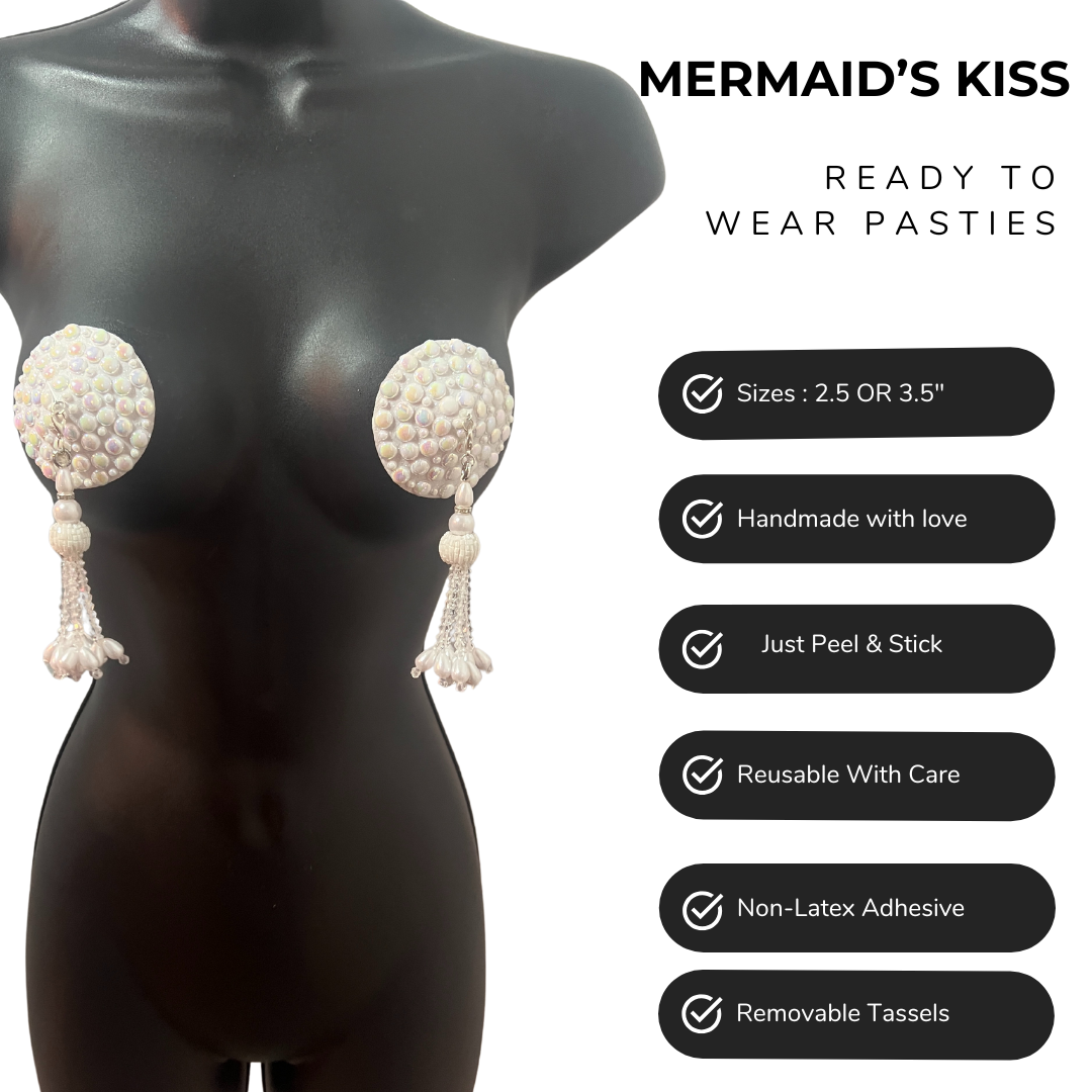 MERMAID'S KISS White Pearl Nipple Pasties, Covers (2 PCS) with Removable Crystal and Pearl Tassels