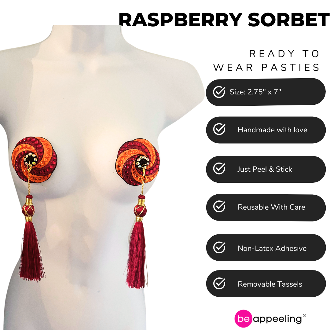 RASPBERRY SORBET Burgundy and Orange Swirl Nipple Pasties, Covers (2pcs) with Removable Tassels