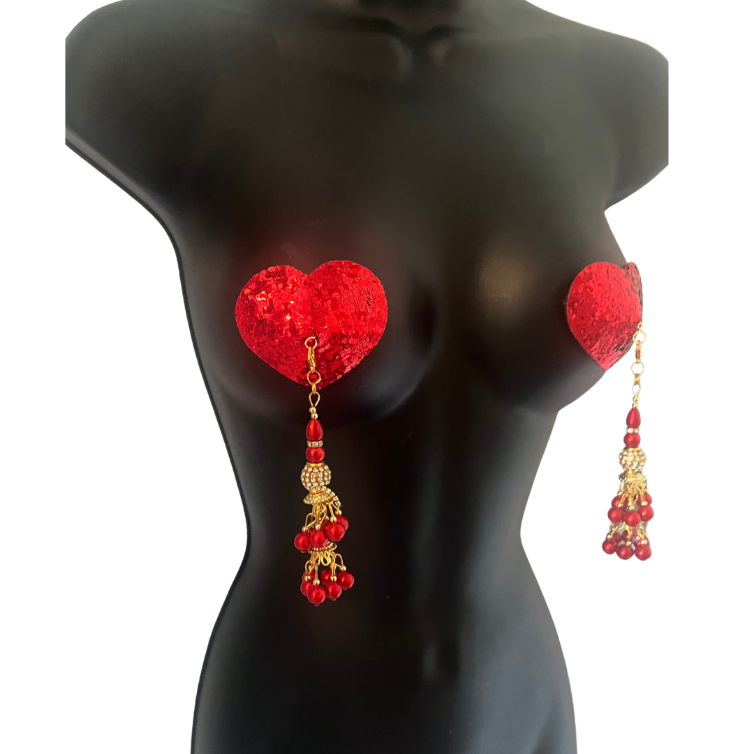 AMORÉ Red Heart Shape Nipple Pasties Covers (2pcs) with Removable Tassels