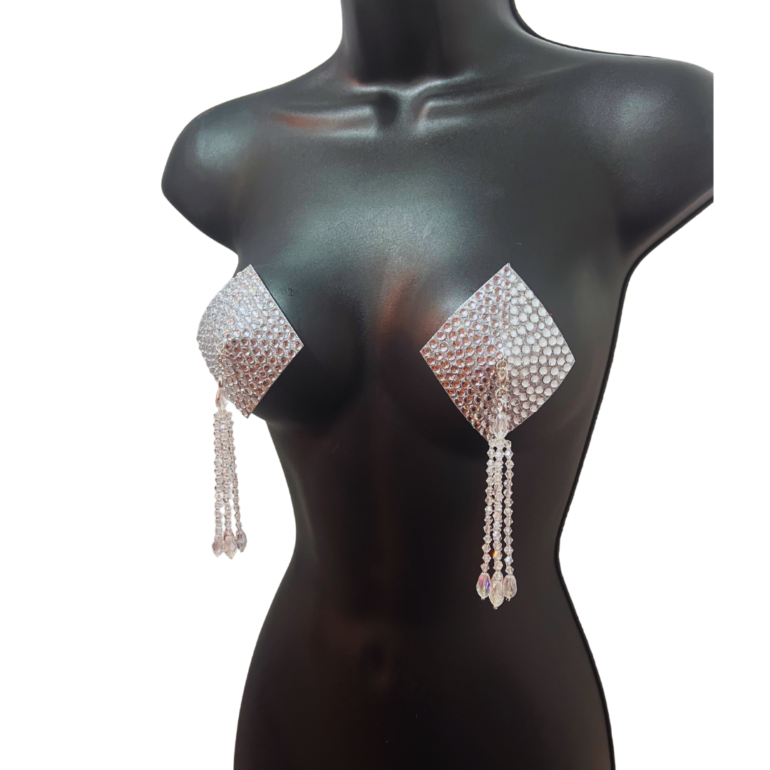 DIAMANTE  RED (5 colours!) Diamond Shape Crystal Pasties, Covers (2 PCS) with Removable Crystal and Tassels (Copy)