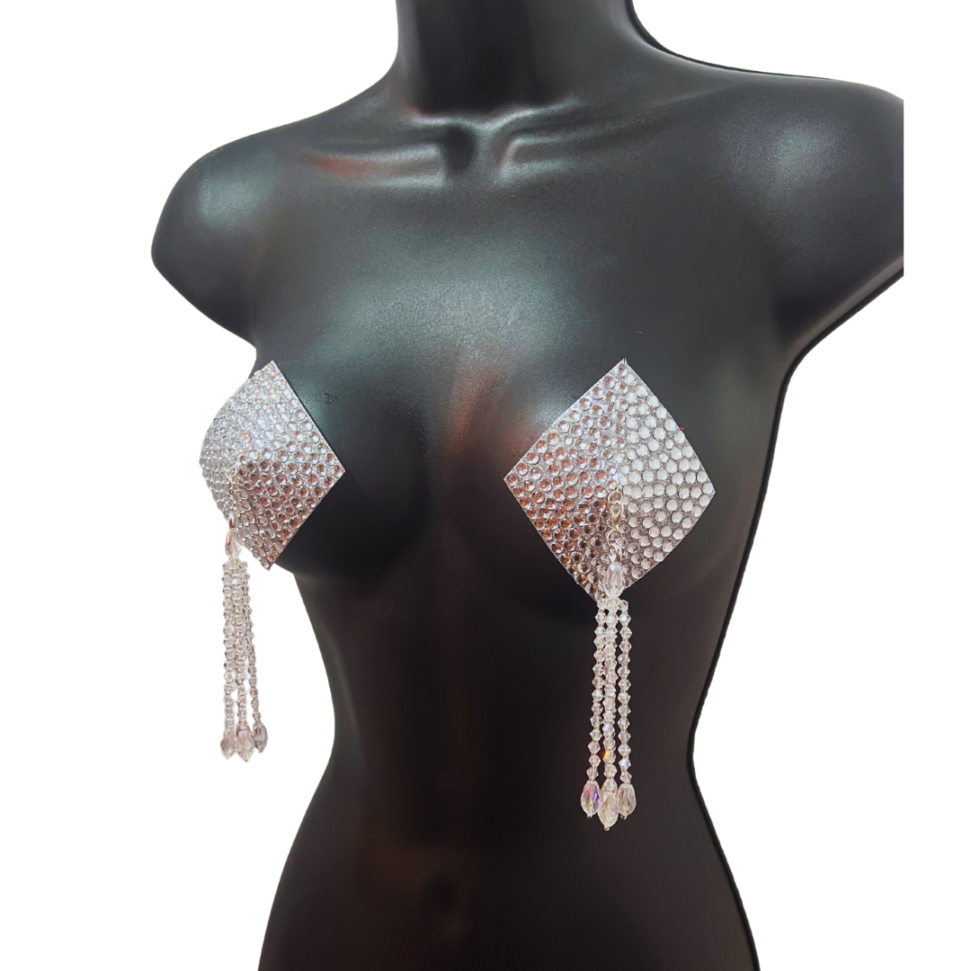 DIAMANTE Silver (5 colours!) Diamond Shape Crystal Pasties, Covers (2 PCS) with Removable Crystal and Tassels (Copy)