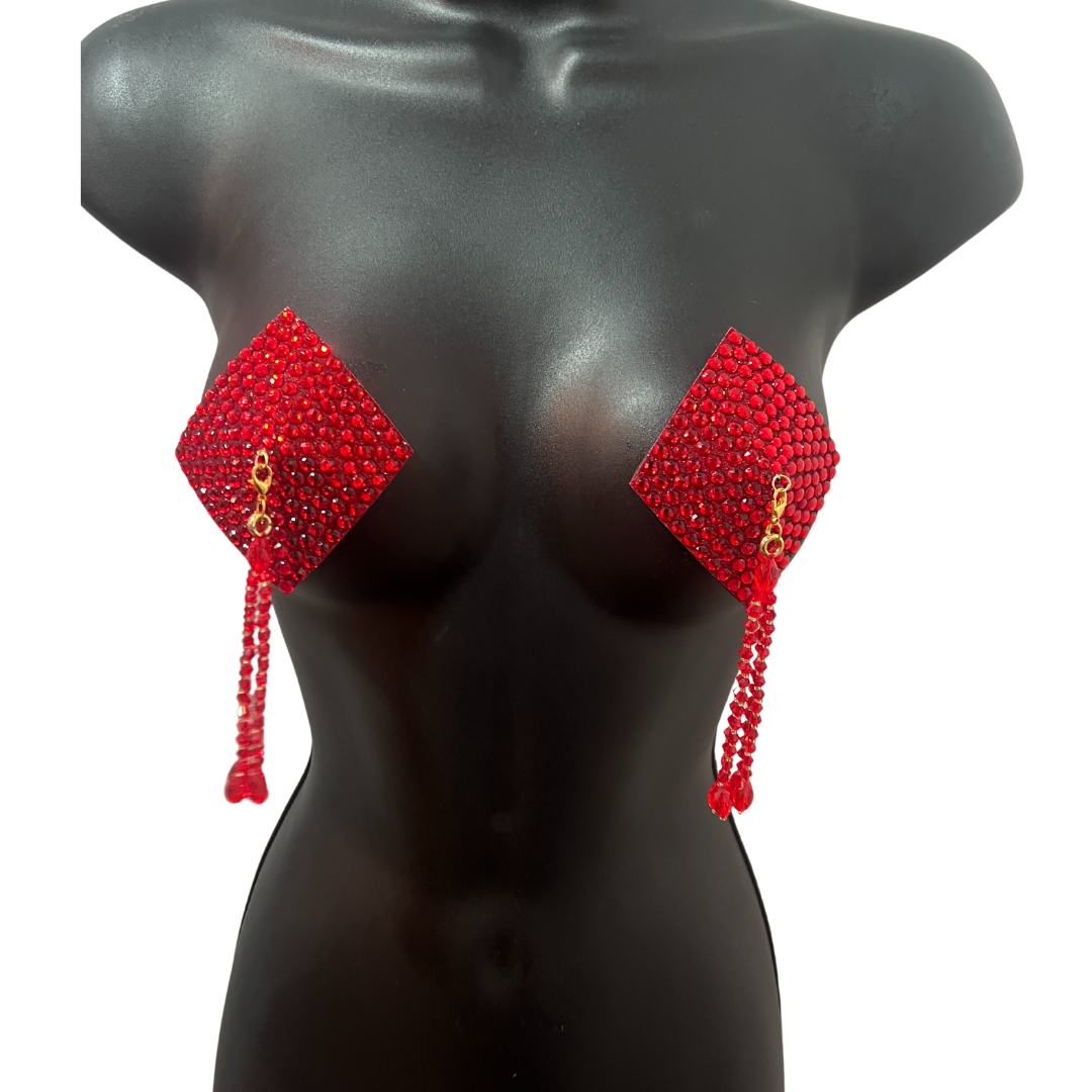 DIAMANTE  RED (5 colours!) Diamond Shape Crystal Pasties, Covers (2 PCS) with Removable Crystal and Tassels (Copy)