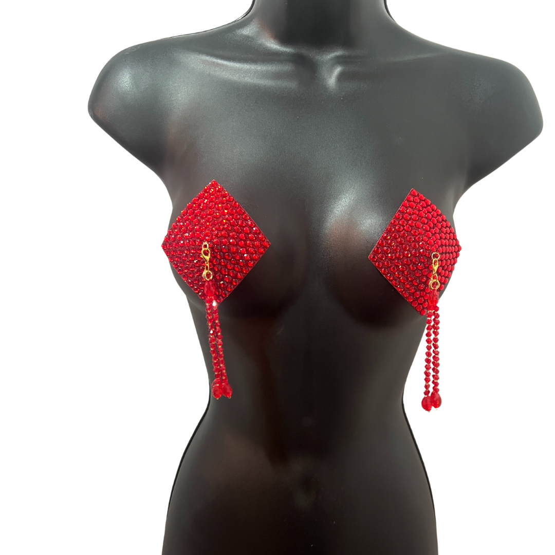 DIAMANTE  RED (5 colours!) Diamond Shape Crystal Pasties, Covers (2 PCS) with Removable Crystal and Tassels (Copy)