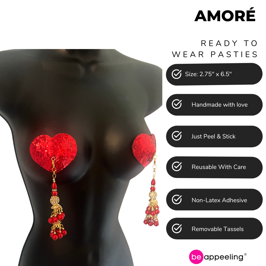 AMORÉ Red Heart Shape Nipple Pasties Covers (2pcs) with Removable Tassels