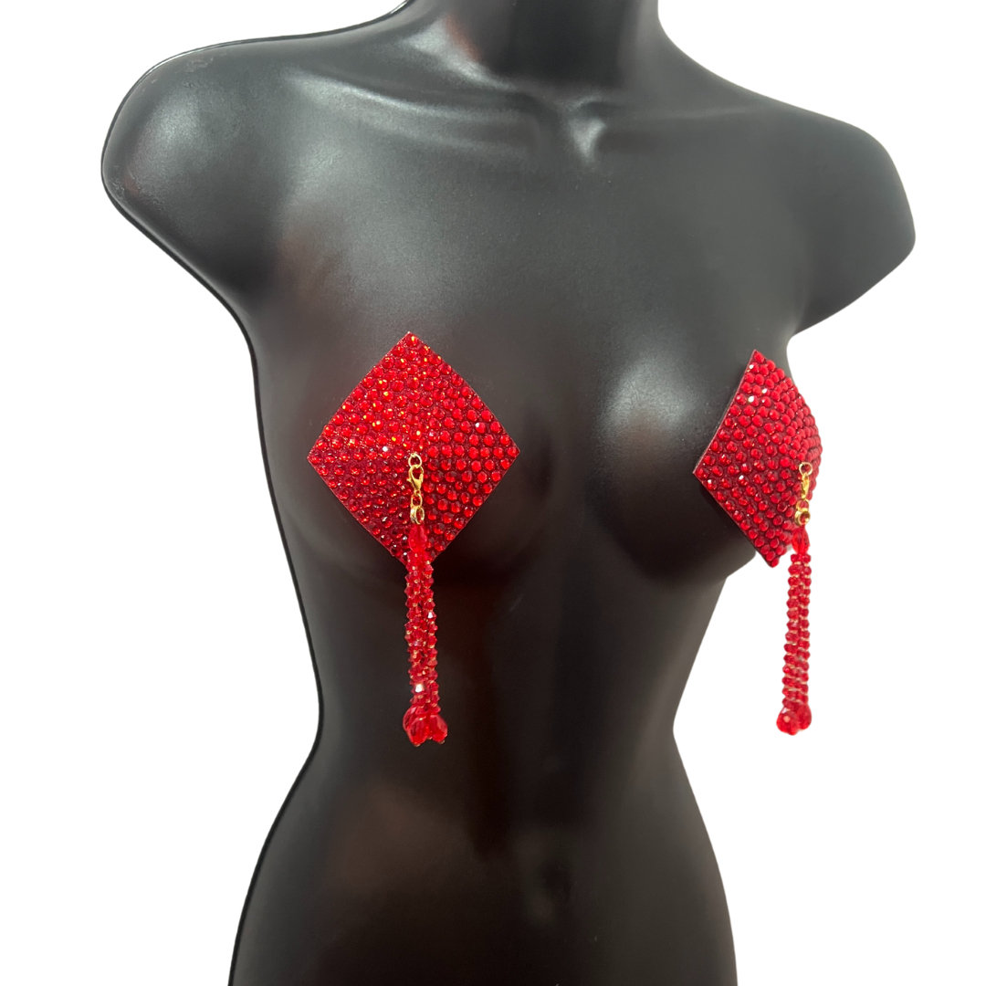 DIAMANTE  Black (5 colours!) Diamond Shape Crystal Pasties, Covers (2 PCS) with Removable Crystal and Tassels (Copy) (Copy)