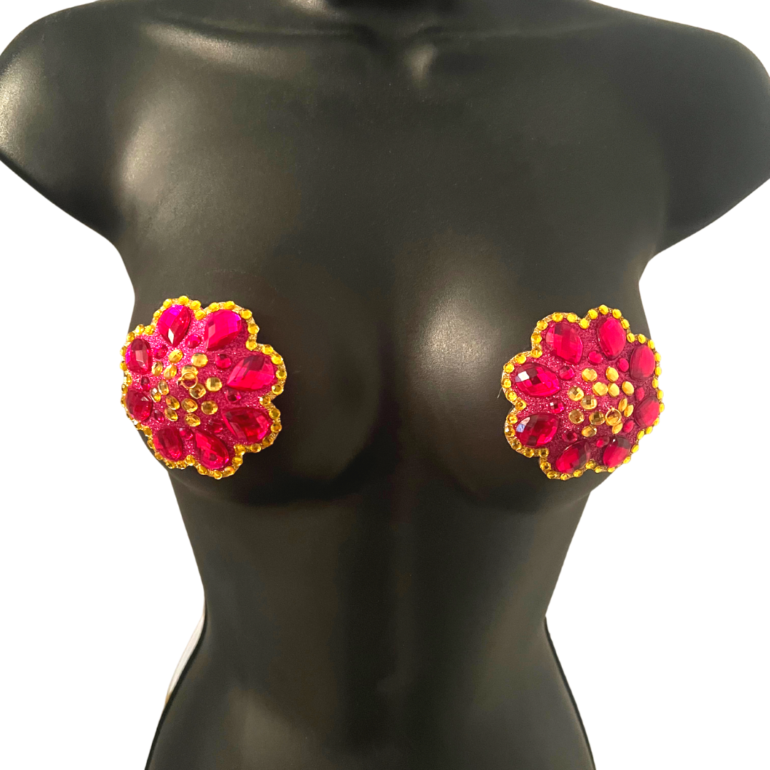 BLOSSOM Hot Pink & Yellow Flower Nipple Pasty, Covers (2pcs) w/Pink and Gold Beaded Removable Tassels for Lingerie Carnival Burlesque Rave
