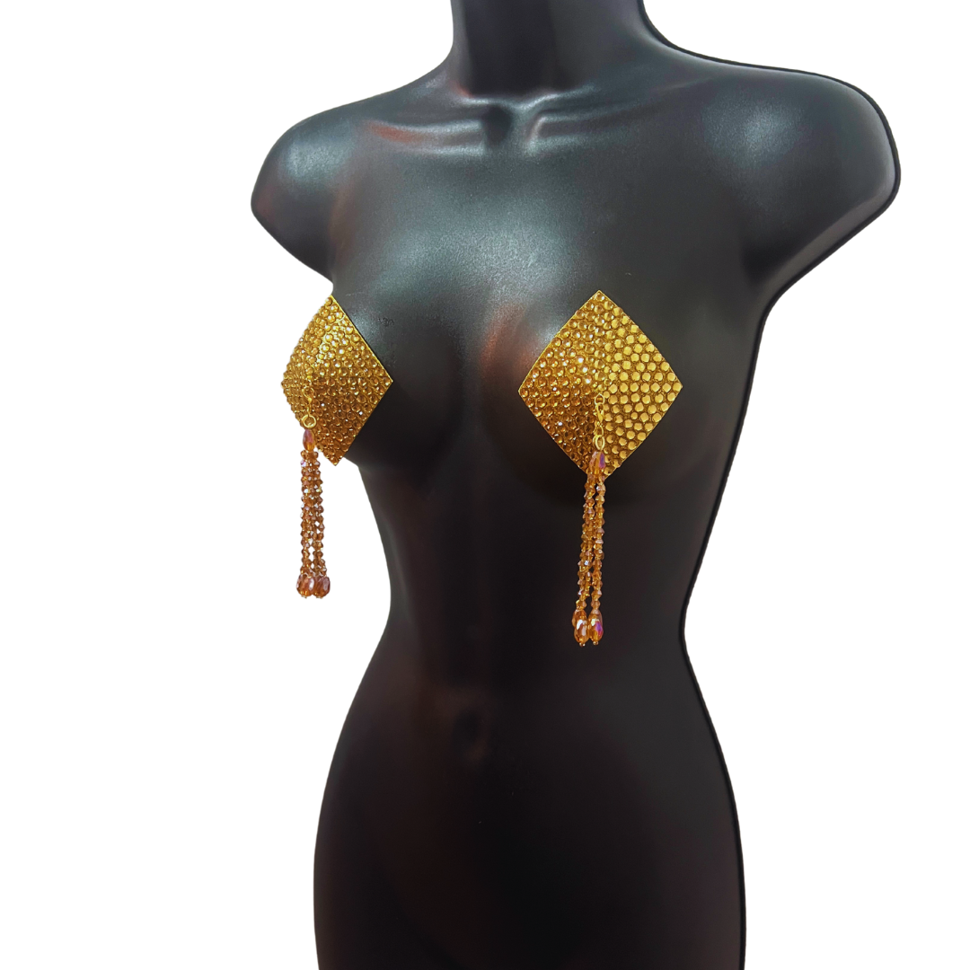 DIAMANTE (5 colours!) Diamond Shape Crystal Pasties, Covers (2 PCS) with Removable Crystal and Tassels