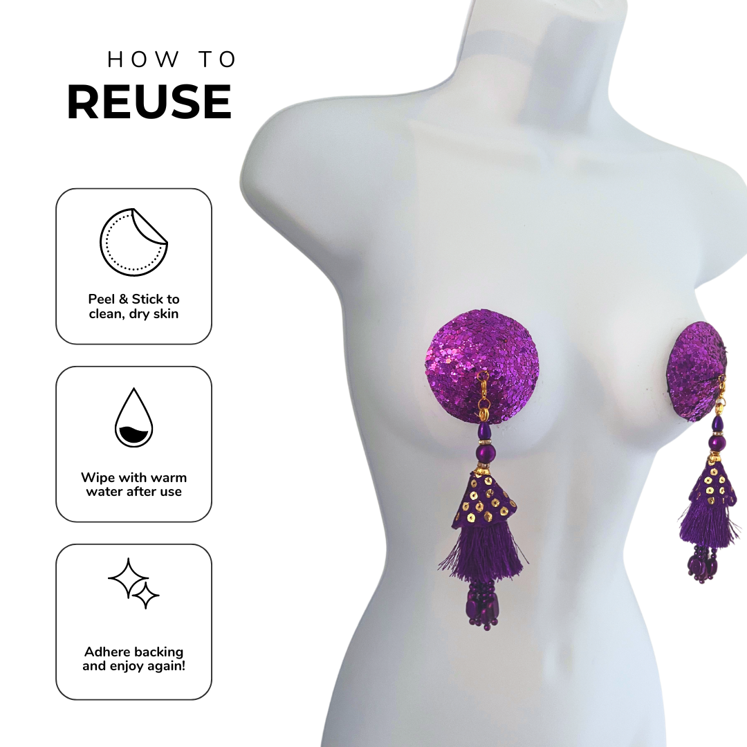 GLITTER GODDESS Purple  (5 Colour options!)  Nipple Pasties Covers (2pcs) with Removable Tassels (Copy)