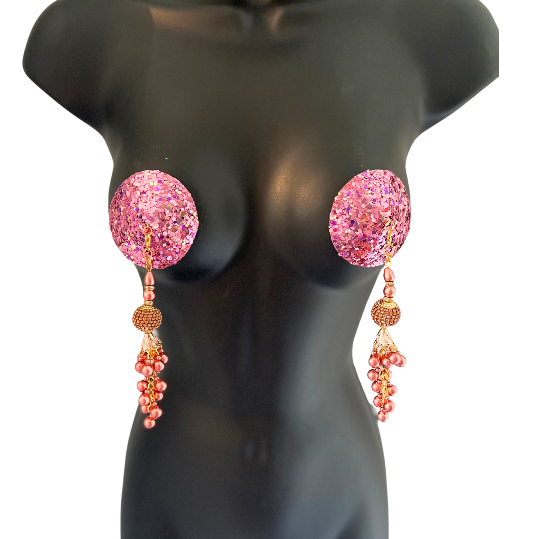 GLITTER GODDESS PINK (5 Colour options!)  Nipple Pasties Covers (2pcs) with Removable Tassels