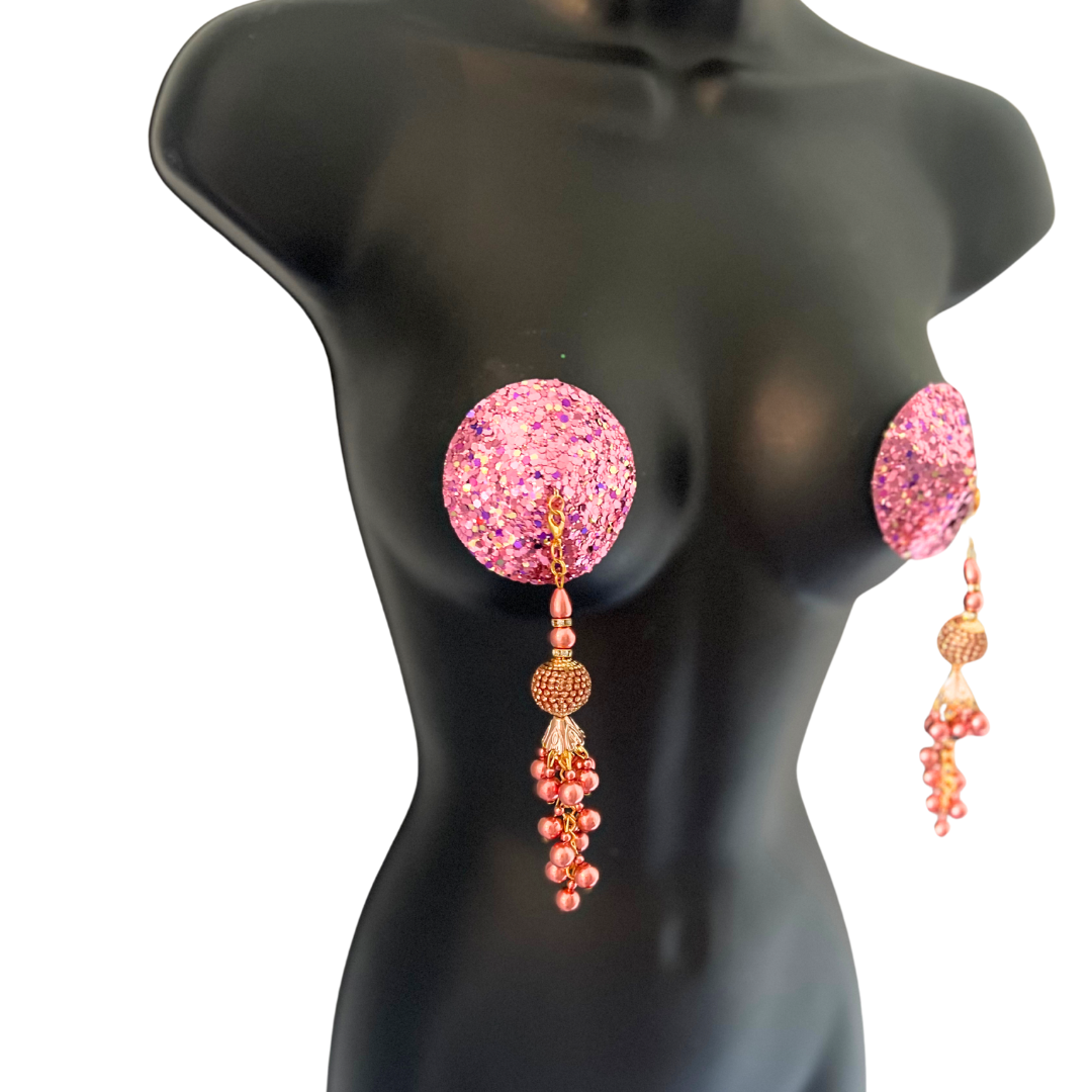 GLITTER GODDESS PINK (5 Colour options!)  Nipple Pasties Covers (2pcs) with Removable Tassels