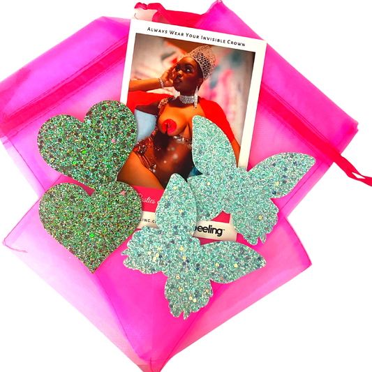 Teal Tease Bundle - Glitter Butterflies and Hearts Nipple Pasties, Covers (2pairs/4pcs)for Festivals Rave Burlesque Lingerie Pride