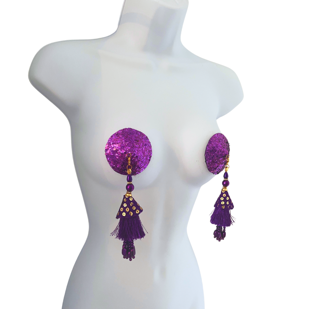 GLITTER GODDESS Purple  (5 Colour options!)  Nipple Pasties Covers (2pcs) with Removable Tassels (Copy)