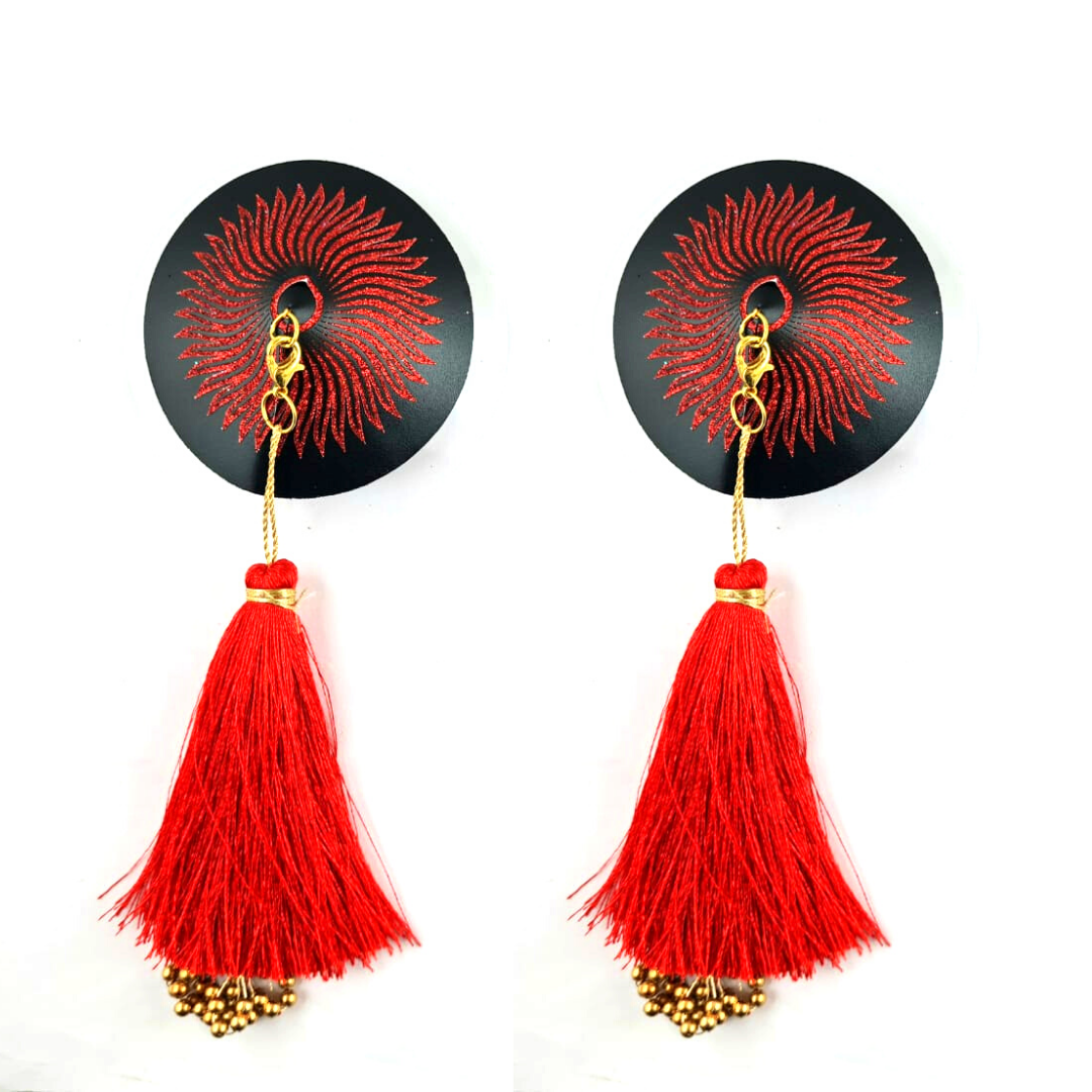 SUN GODDESS Brillo rojo y pezón negro, cubierta (2 piezas) con borla de cuentas para burlesque, raves de lencería y festivales - OFERTA