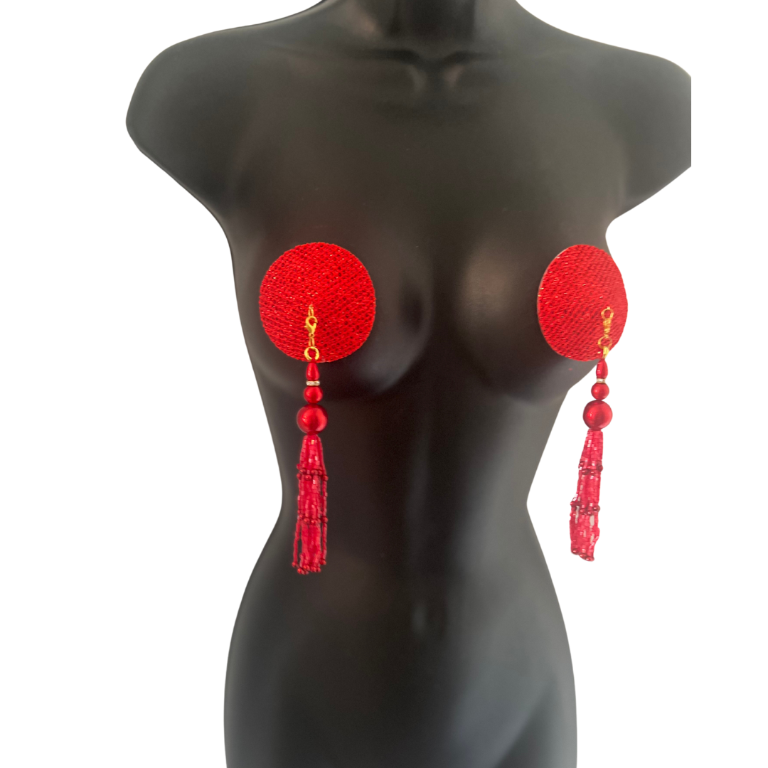 BATON ROUGE Red Shimmer Circle Shape Nipple Pasties Covers (2pcs) with Removable Tassels