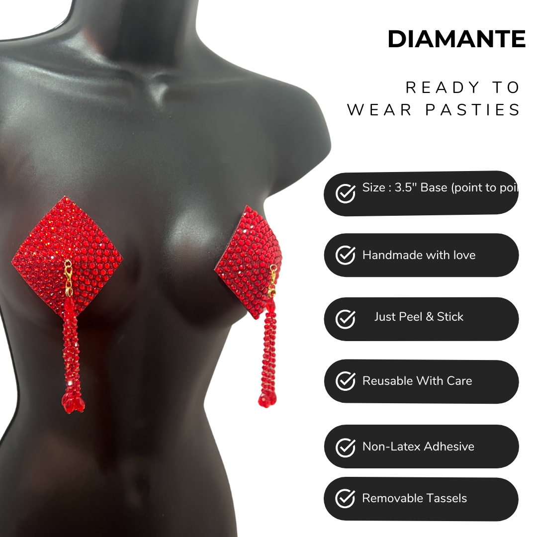 DIAMANTE (5 colours!) Diamond Shape Crystal Pasties, Covers (2 PCS) with Removable Crystal and Tassels