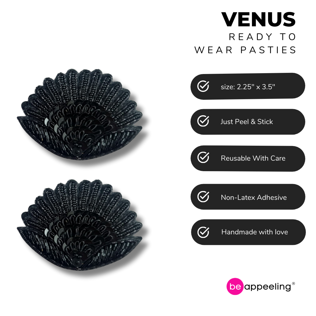 VENUS Negro o Dorado - Cubiertas para pezones con lentejuelas y conchas bordadas (2 piezas) para lencería burlesca, rave y festivales