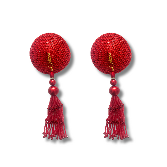 BATON ROUGE Red Shimmer Circle Shape Nipple Pasties Covers (2pcs) with Removable Tassels