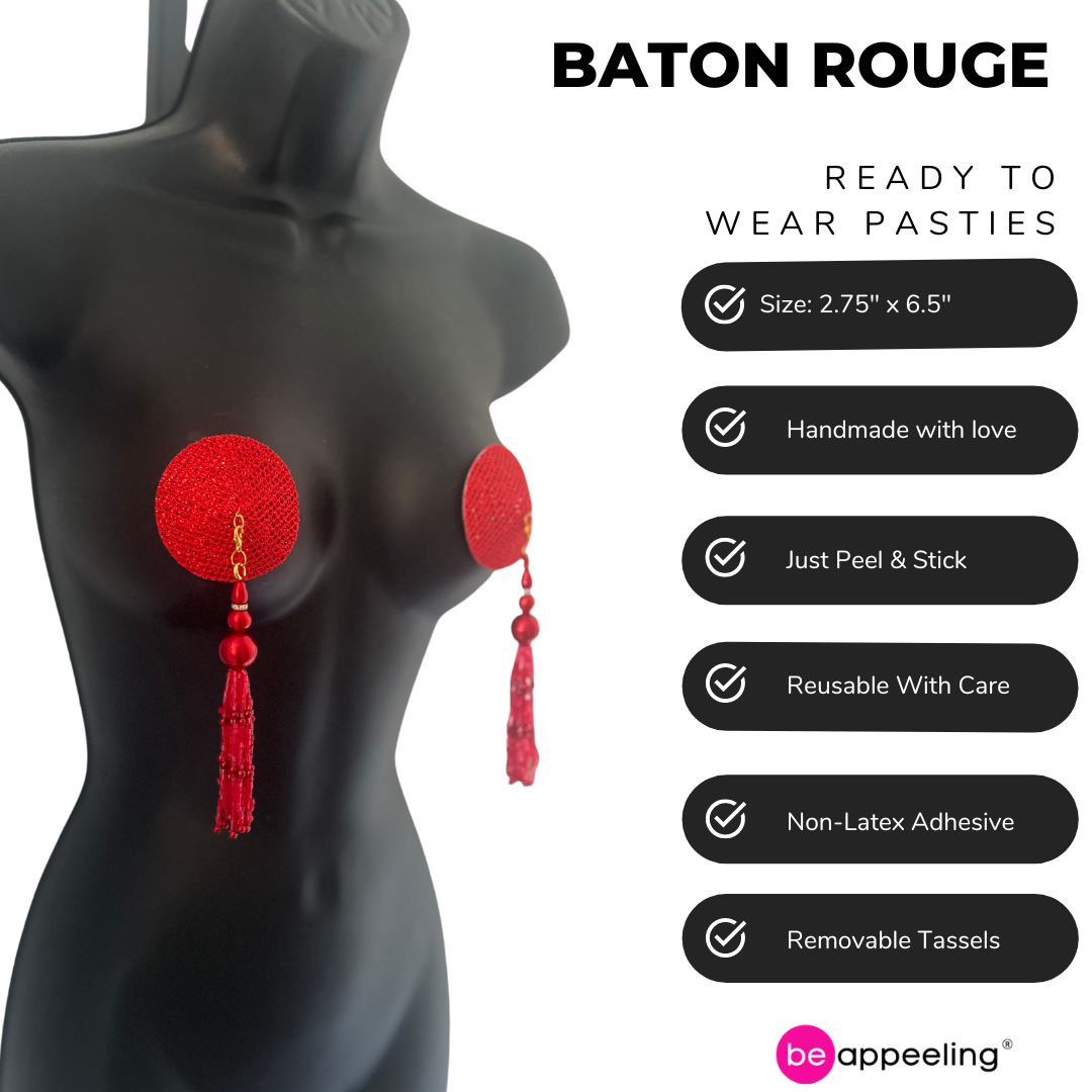 BATON ROUGE Red Shimmer Circle Shape Nipple Pasties Covers (2pcs) with Removable Tassels