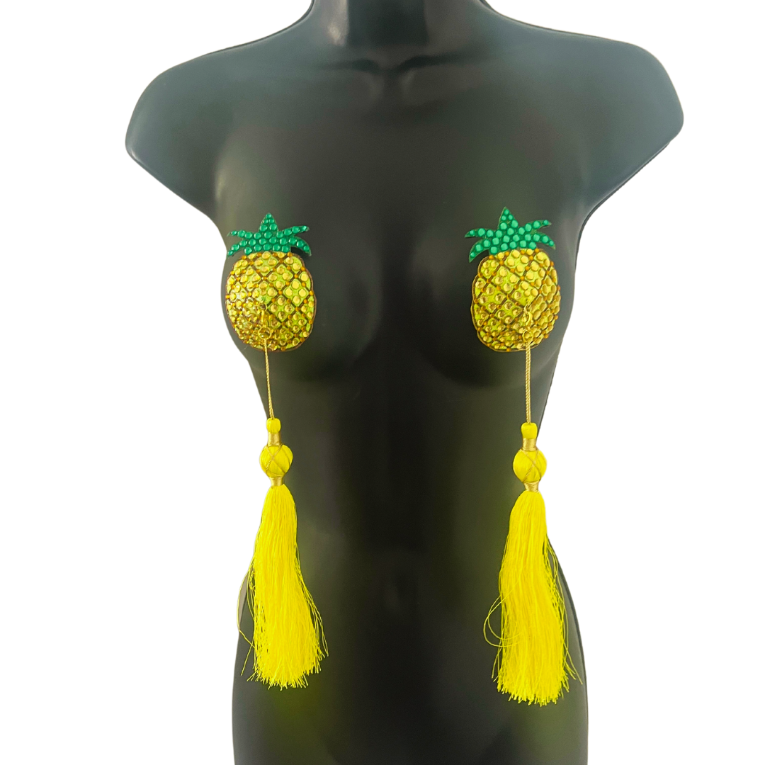 BAHAMA MAMA Yellow Pineapple Nipple Pasty, Nipple Cover (2pcs) with Removable Extra Long Tassels for Lingerie Carnival Burlesque Rave