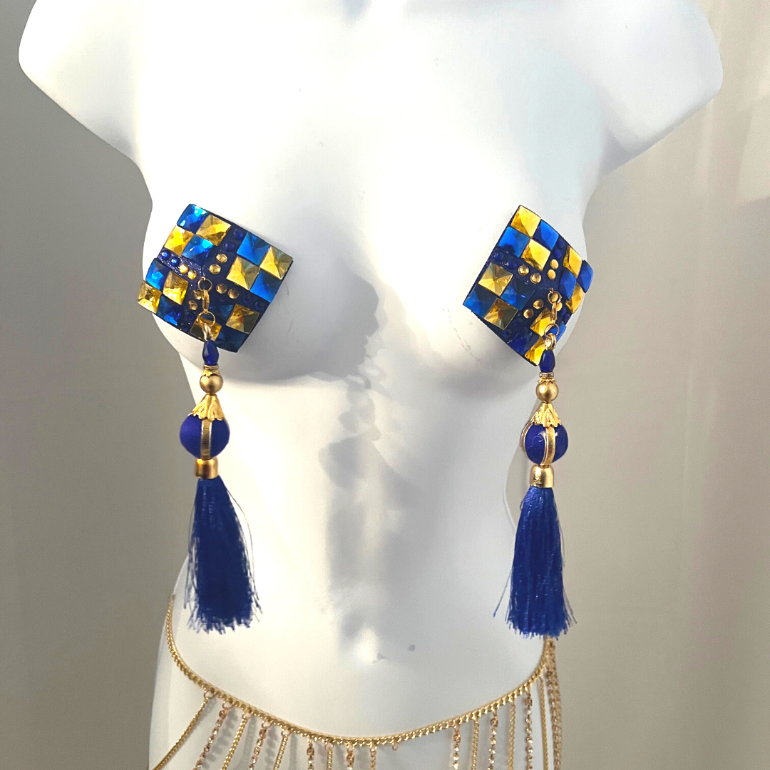 ROYAL TEASE Blue and Gold Square/Diamond Nipple Pasties, Covers (2pcs) with RemovableTassels (2pcs) Burlesque Lingerie Raves and Festivals