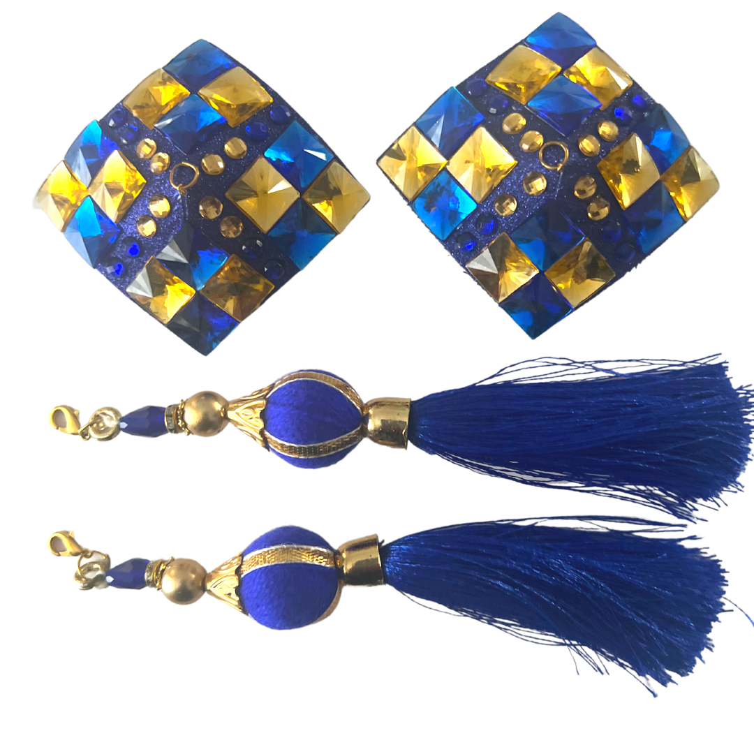 ROYAL TEASE Pasties de pezones cuadrados/diamantes azules y dorados, cubiertas (2 piezas) con borlas extraíbles (2 piezas) Lencería burlesca Raves y festivales