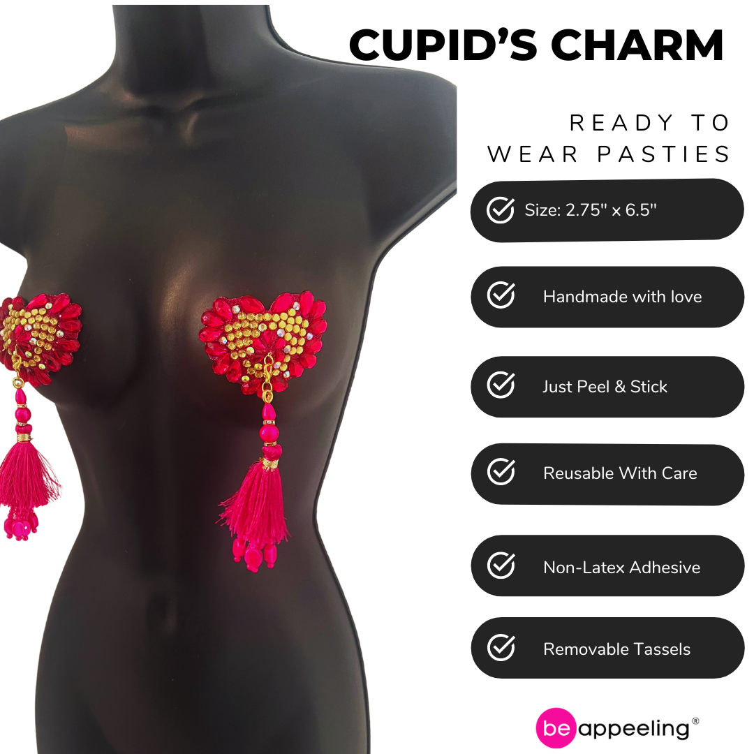 CUPID'S CHARM Pink and Gold Heart Shape Nipple Pasties Covers (2pcs) with Removable Tassels