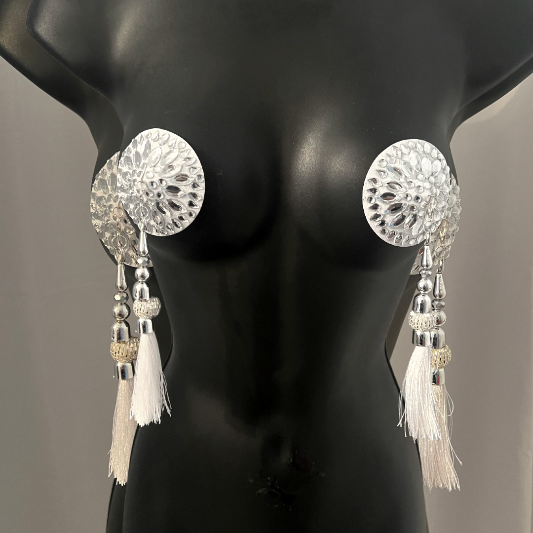 SILVER SCREEN Silver and White Circle Nipple Pasties, Covers (2pcs) with Hand Beaded Tassels (2pcs) Burlesque Lingerie Raves and Festivals