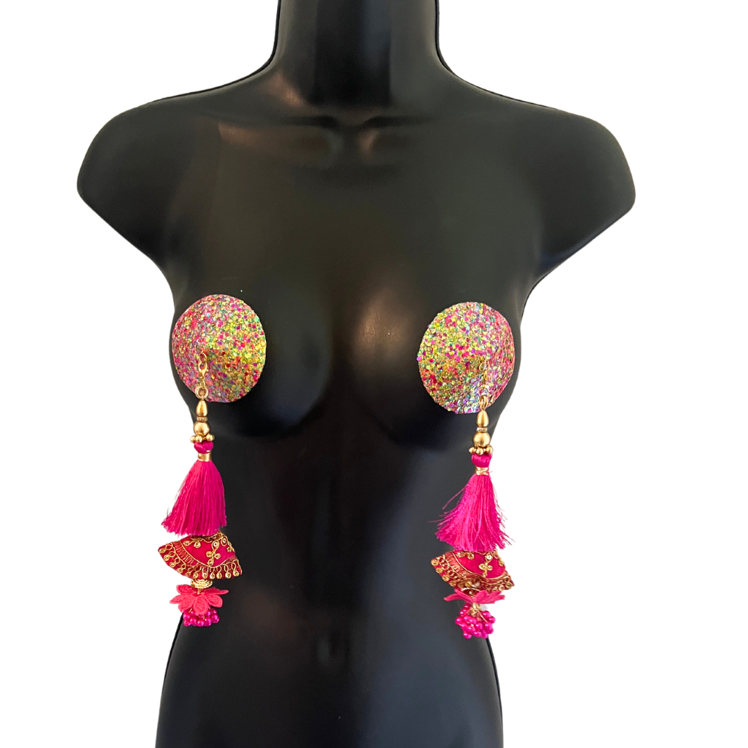 GLITTERATI (Limited Edition) Multi-Colour Glitter Circle Pasties, Pasty (2pcs) with Gorgeous Multi Layered Tassels