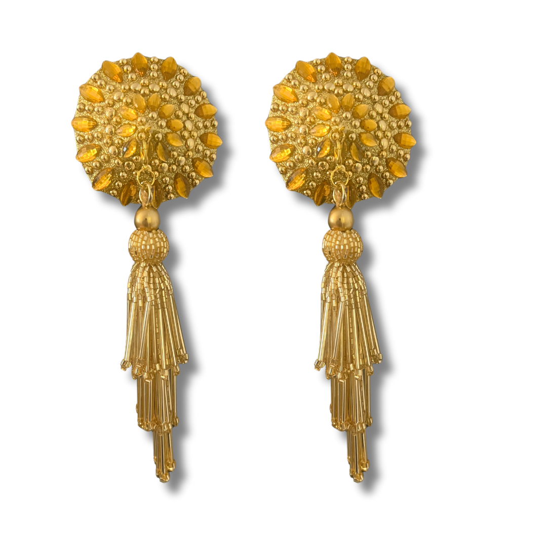 MIDAS MINX Gold Nipple Pasties Covers (2pcs) with Removable Chandalier Hand Beased Tassels