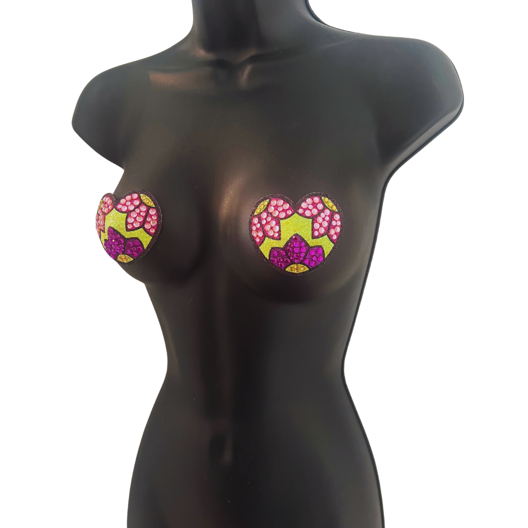 BELLA BLAZE  Yellow Heart Shape Nipple Pasties Covers with Beautiful Floral Design(2pcs) Reusable!