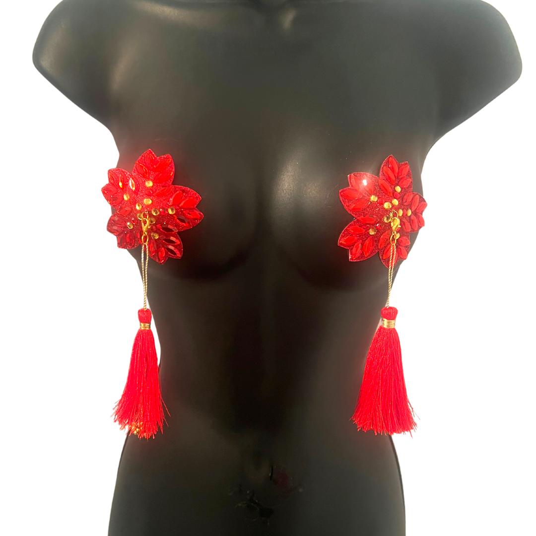 HOLLY BERRY Red/Gold or Green/Gold Floral Nipple Pasties, Covers (2pcs) w/ Hand Beaded Tassels (2pcs) Burlesque Lingerie Raves and Festivals