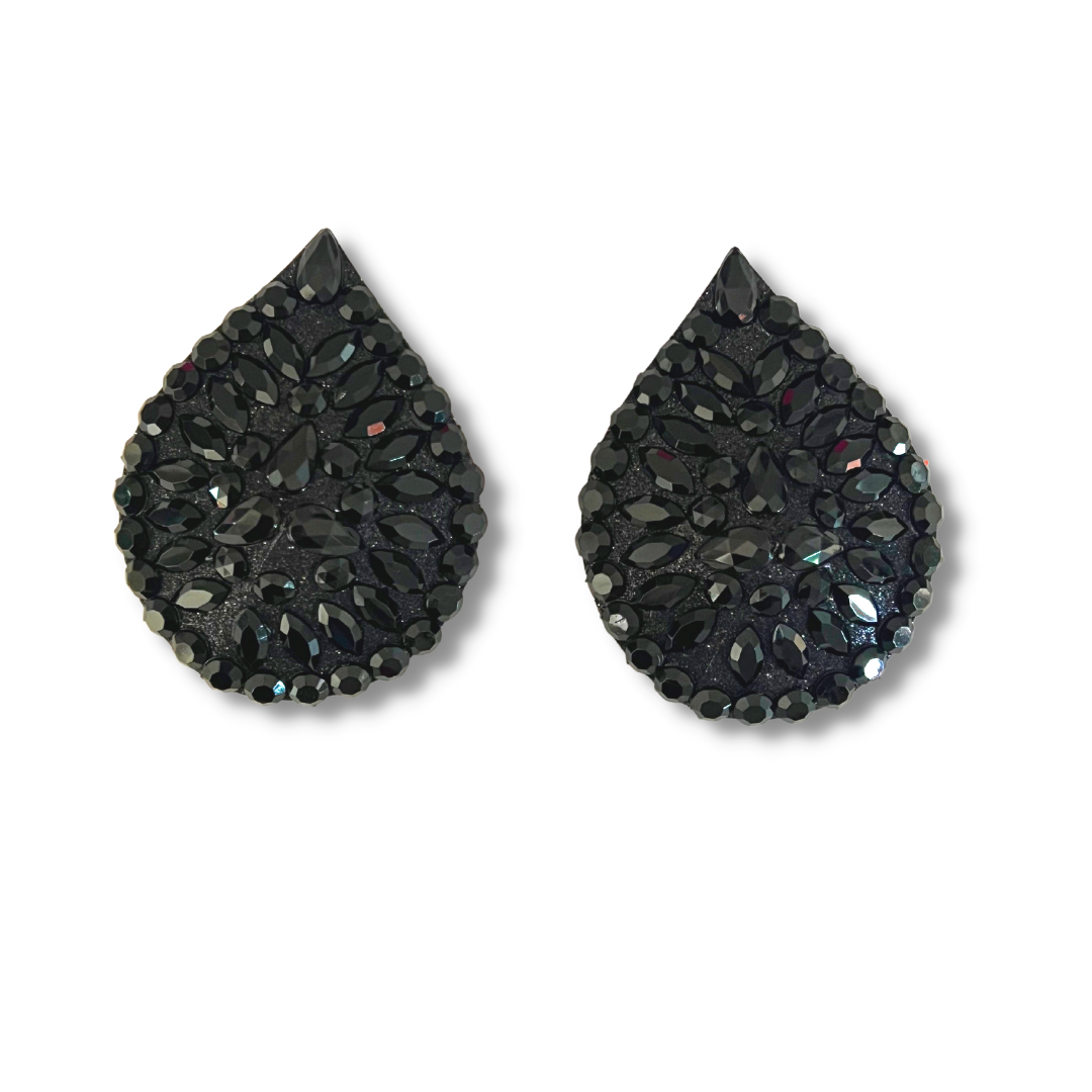 BLACK MAGIC Black Glitter and Gem Teardrop Nipple Pasty, Covers (2pcs) for Burlesque Lingerie Raves Carnival and Festivals