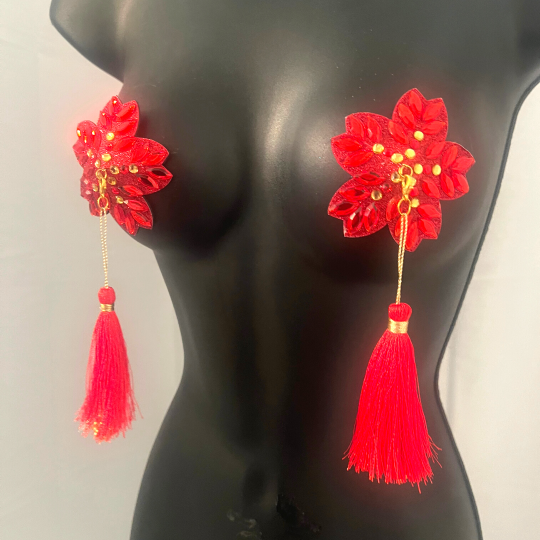 HOLLY BERRY Red/Gold or Green/Gold Floral Nipple Pasties, Covers (2pcs) w/ Hand Beaded Tassels (2pcs) Burlesque Lingerie Raves and Festivals