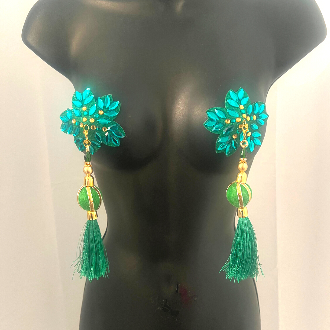 HOLLY BERRY Red/Gold or Green/Gold Floral Nipple Pasties, Covers (2pcs) w/ Hand Beaded Tassels (2pcs) Burlesque Lingerie Raves and Festivals