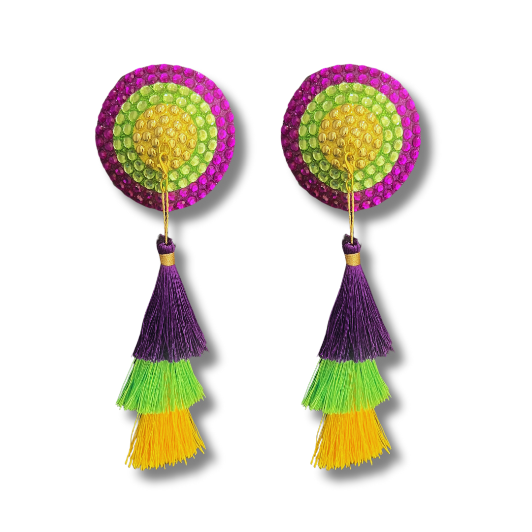 MARDI SASS Mardi Gras Themed Purple, Gold and Green Nipple Pasties Covers (2pcs) with Removable Tri Coloured Tassels