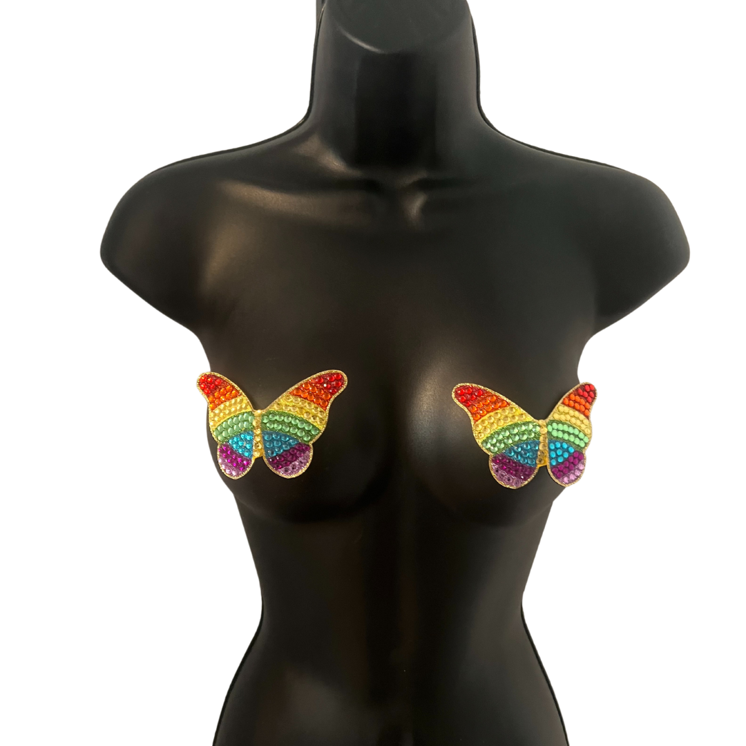 RAINBOW BRIGHT - Cubiertas para pezones de mariposa con purpurina y gemas (2 piezas) para lencería y festivales Burlesque, Rave Pride