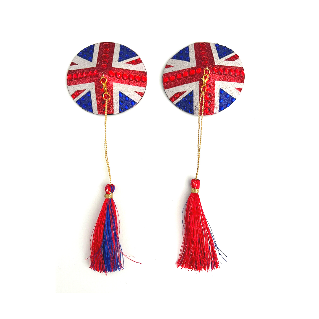 POSH Union Jack Glitter & Gem, Nipple Cover (2pcs) Pasties with Removable Tassels for Lingerie Carnival Burlesque Rave