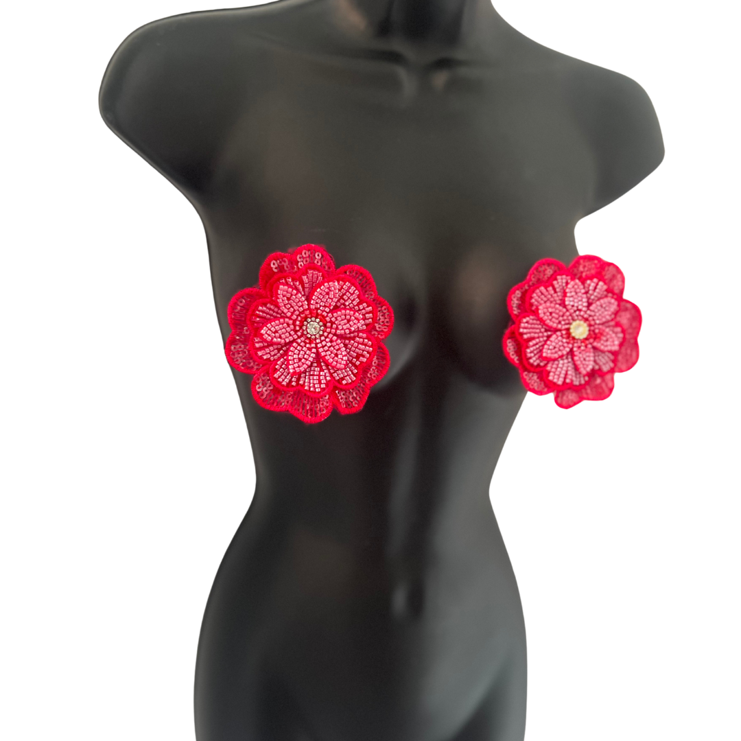 BLOSSOM BEAUTIES - Beaded and Embroidered Flower Nipple Pasties Covers (2pcs) Large! (3 colours: Hot Pink; Yellow or Light Pink)