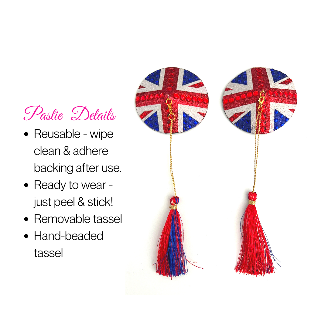 POSH Union Jack Glitter & Gem, Nipple Cover (2pcs) Pasties with Removable Tassels for Lingerie Carnival Burlesque Rave