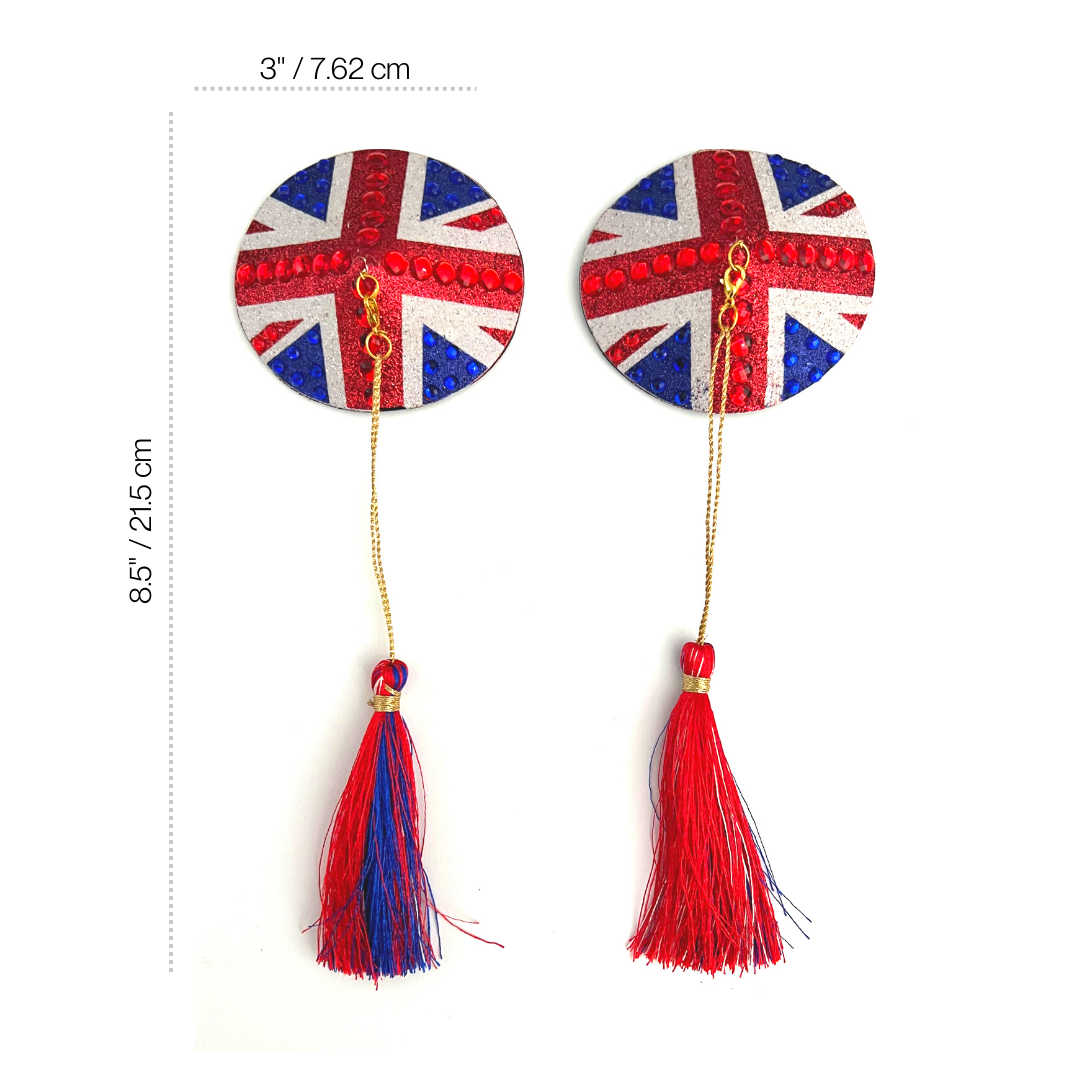 POSH Union Jack Glitter &amp; Gem, cubrepezones (2 piezas) con borlas extraíbles para lencería carnaval burlesque rave